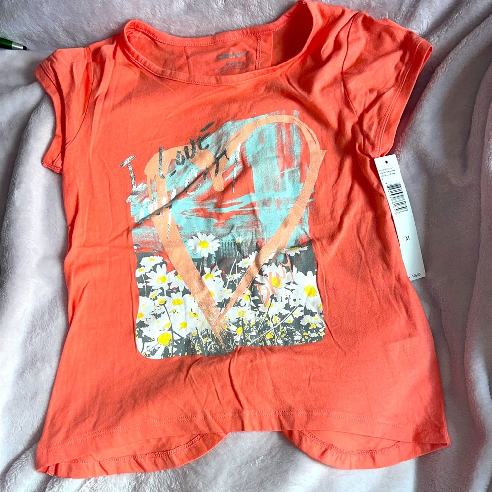 DKNY Coral Kids Tee with Heart and Floral Print
